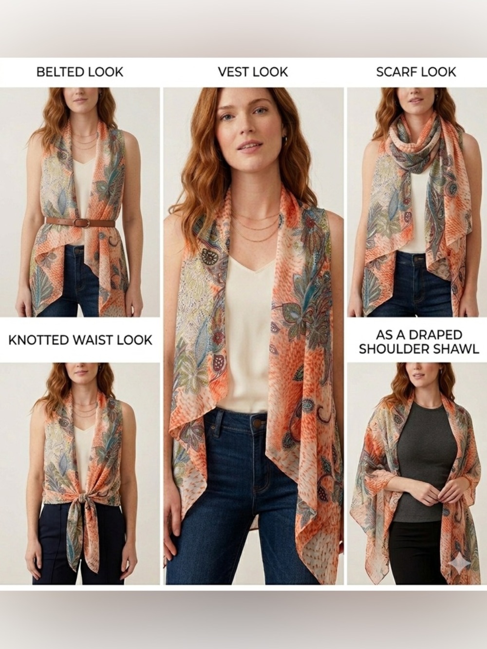 NWT Accents by Lavello Boho Chiffon Convertible Vest Paisley Floral Coral OSFM - Picture 12 of 14